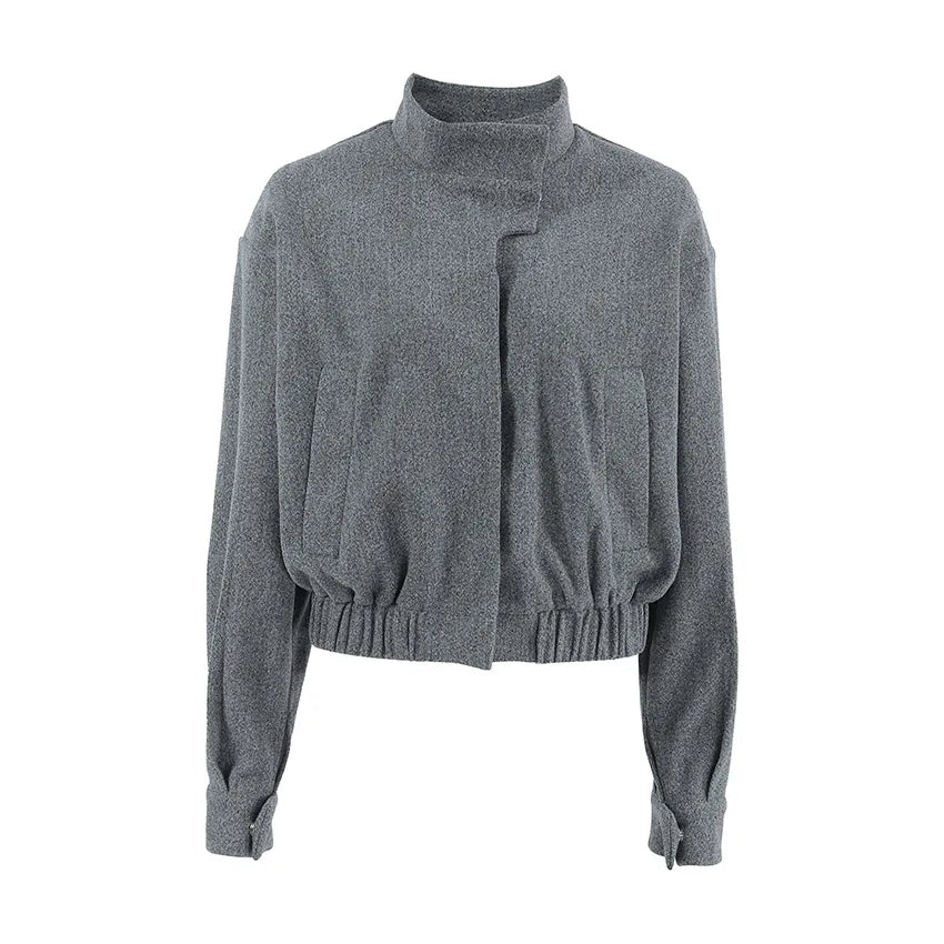 2025 New European Style Gray Tweed Jacket Women's Unique Cropped Blazer Stand Collar Design Modern Retro Mix & Match Daily Wear