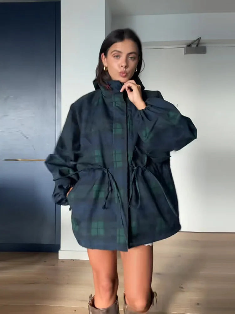 AW Women Vintage Grid Loose Jacket Oversize Loose Stand Collar Coat Long Sleeve Hoodie Lace Up Outwears New Lady Streetwears