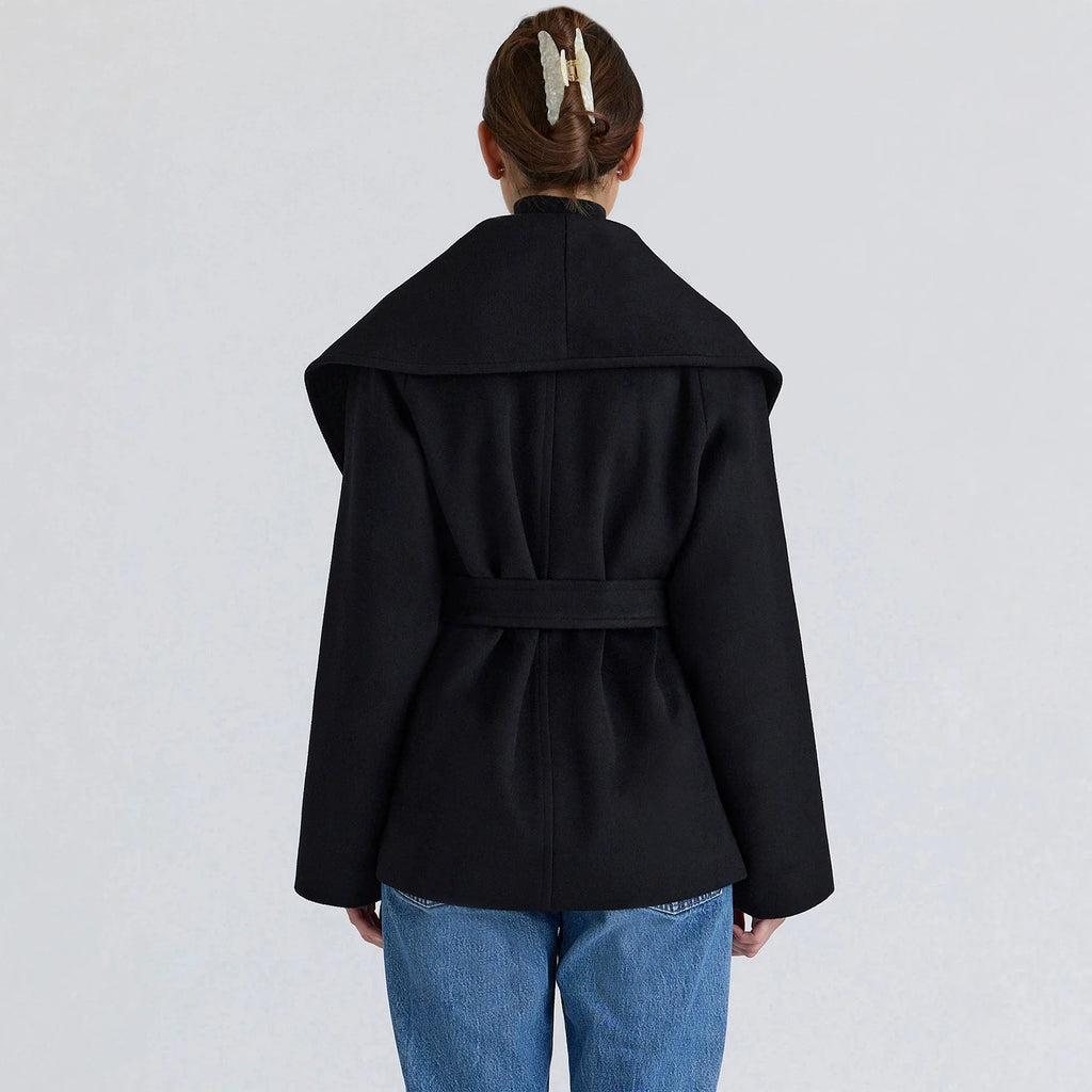 Women Belted Waist Short Wool Blend Coat Oversized Shawl Collar Tie‑Front Loose with Pockets Fall Winter Outer Jacket