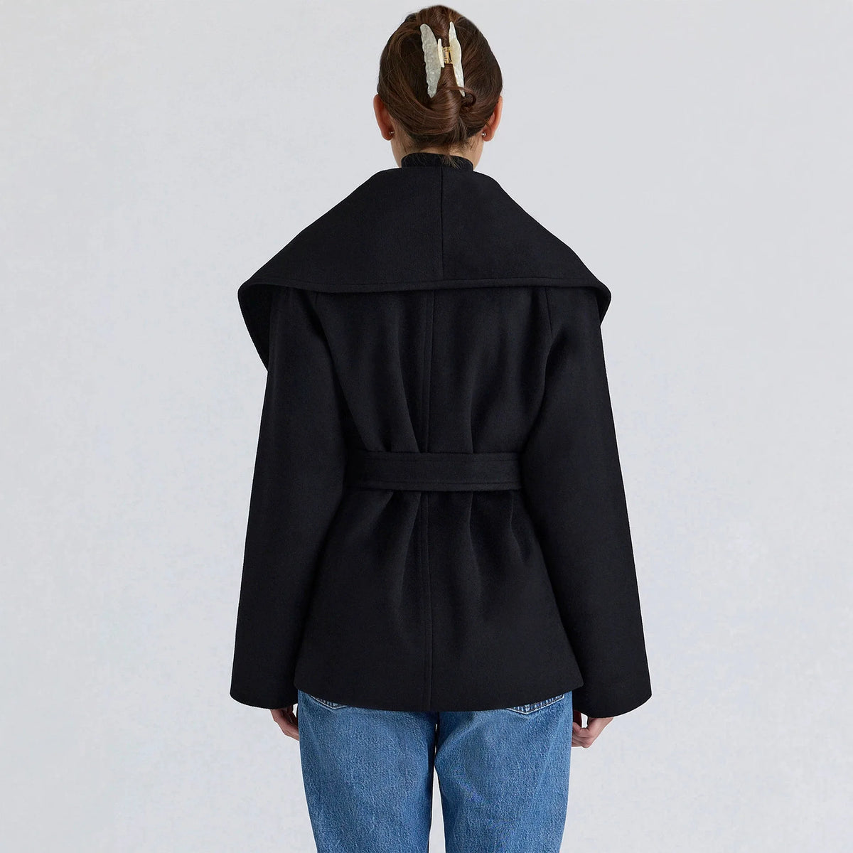 Women Belted Waist Short Wool Blend Coat Oversized Shawl Collar Tie‑Front Loose with Pockets Fall Winter Outer Jacket