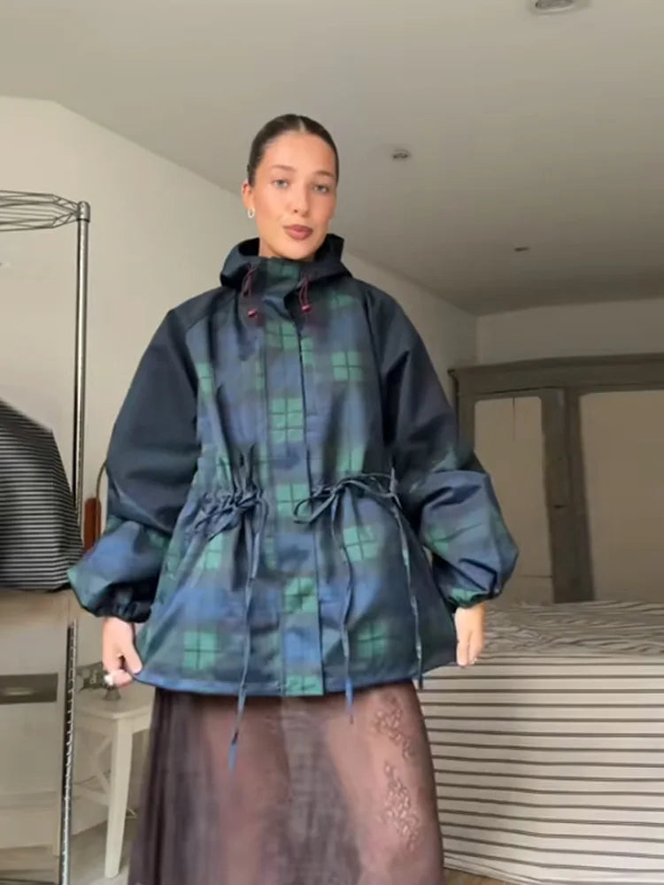 AW Women Vintage Grid Loose Jacket Oversize Loose Stand Collar Coat Long Sleeve Hoodie Lace Up Outwears New Lady Streetwears