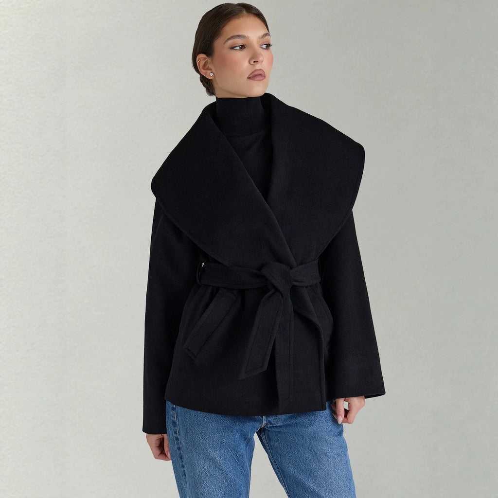Women Belted Waist Short Wool Blend Coat Oversized Shawl Collar Tie‑Front Loose with Pockets Fall Winter Outer Jacket
