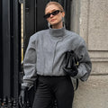 2025 New European Style Gray Tweed Jacket Women's Unique Cropped Blazer Stand Collar Design Modern Retro Mix & Match Daily Wear