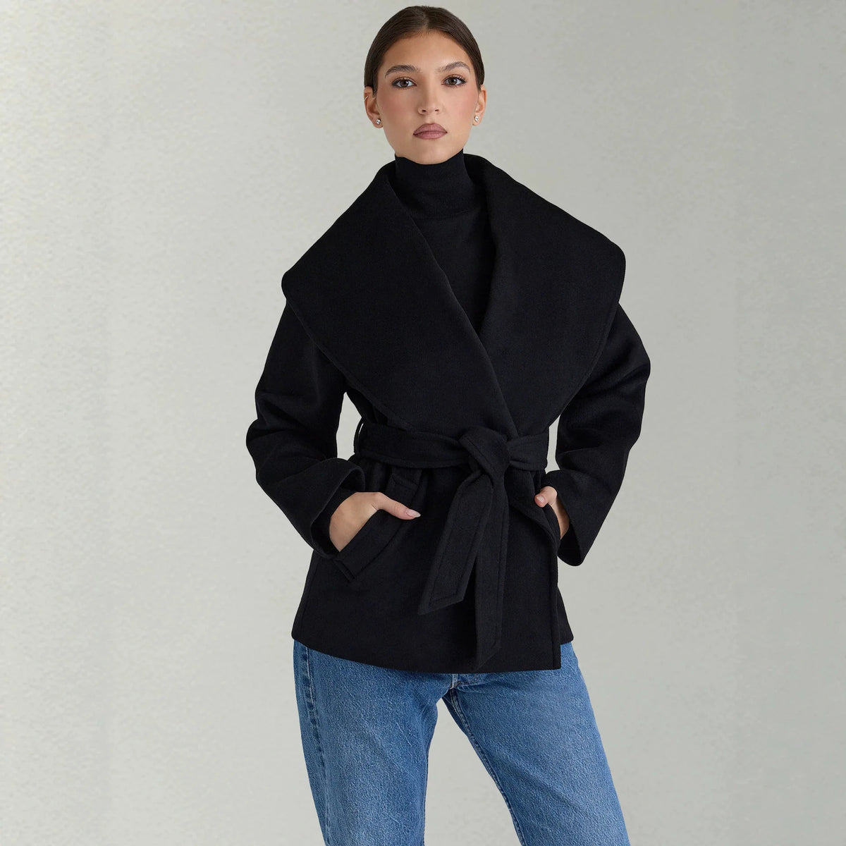 Women Belted Waist Short Wool Blend Coat Oversized Shawl Collar Tie‑Front Loose with Pockets Fall Winter Outer Jacket