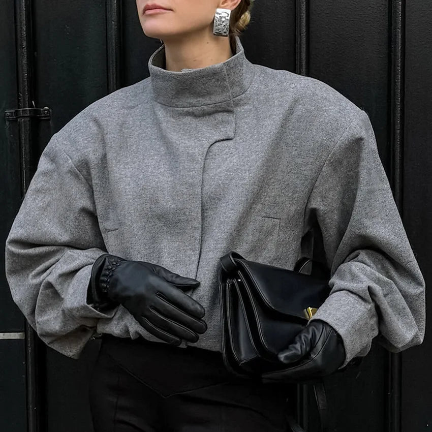 2025 New European Style Gray Tweed Jacket Women's Unique Cropped Blazer Stand Collar Design Modern Retro Mix & Match Daily Wear