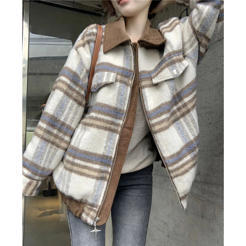 American Tweed Jackets Women Fall Winter Loose Casual Patchwork Plaid Coats Fashion Streetwear Female Autumn All Match Outwear