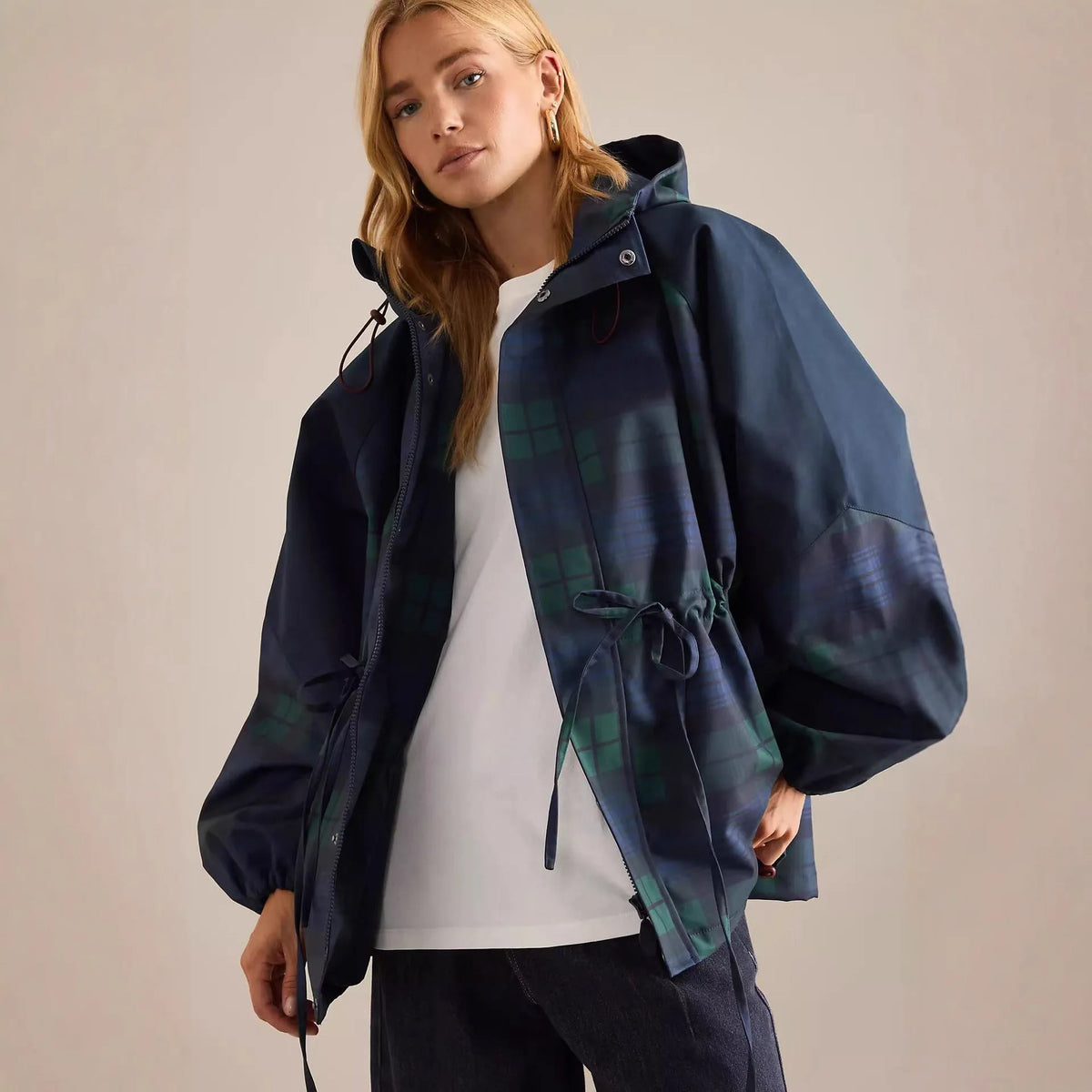AW Women Vintage Grid Loose Jacket Oversize Loose Stand Collar Coat Long Sleeve Hoodie Lace Up Outwears New Lady Streetwears