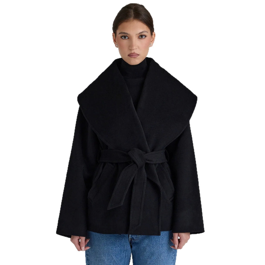 Women Belted Waist Short Wool Blend Coat Oversized Shawl Collar Tie‑Front Loose with Pockets Fall Winter Outer Jacket