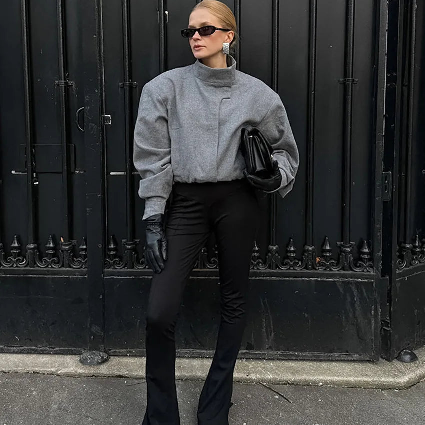 2025 New European Style Gray Tweed Jacket Women's Unique Cropped Blazer Stand Collar Design Modern Retro Mix & Match Daily Wear