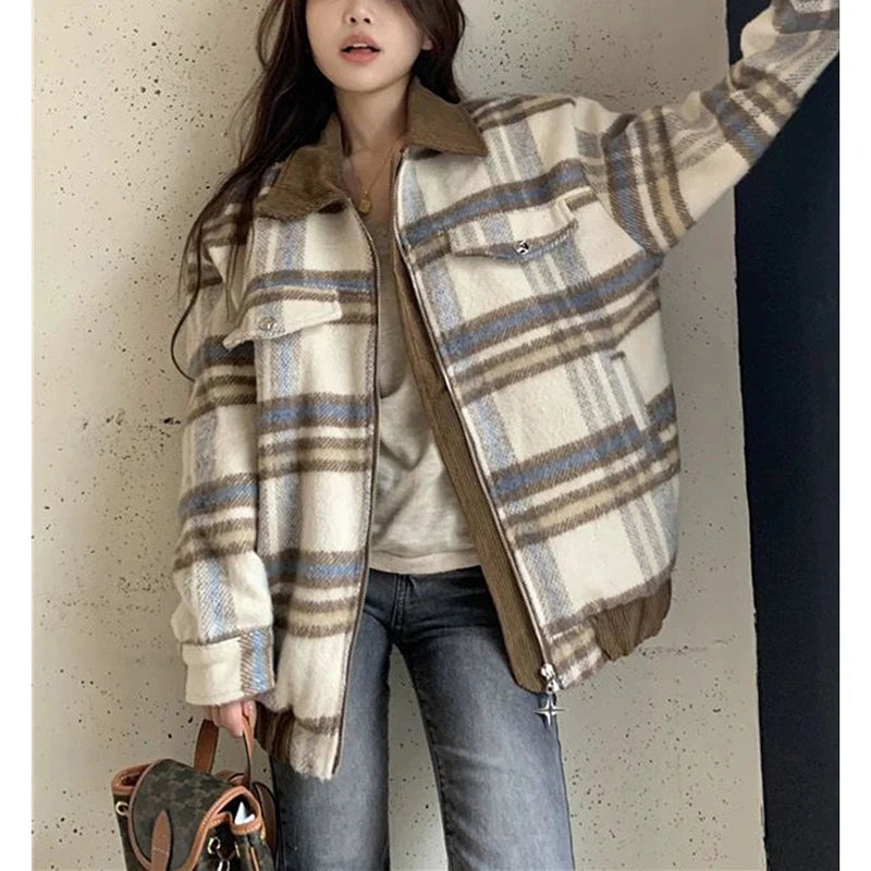 American Tweed Jackets Women Fall Winter Loose Casual Patchwork Plaid Coats Fashion Streetwear Female Autumn All Match Outwear