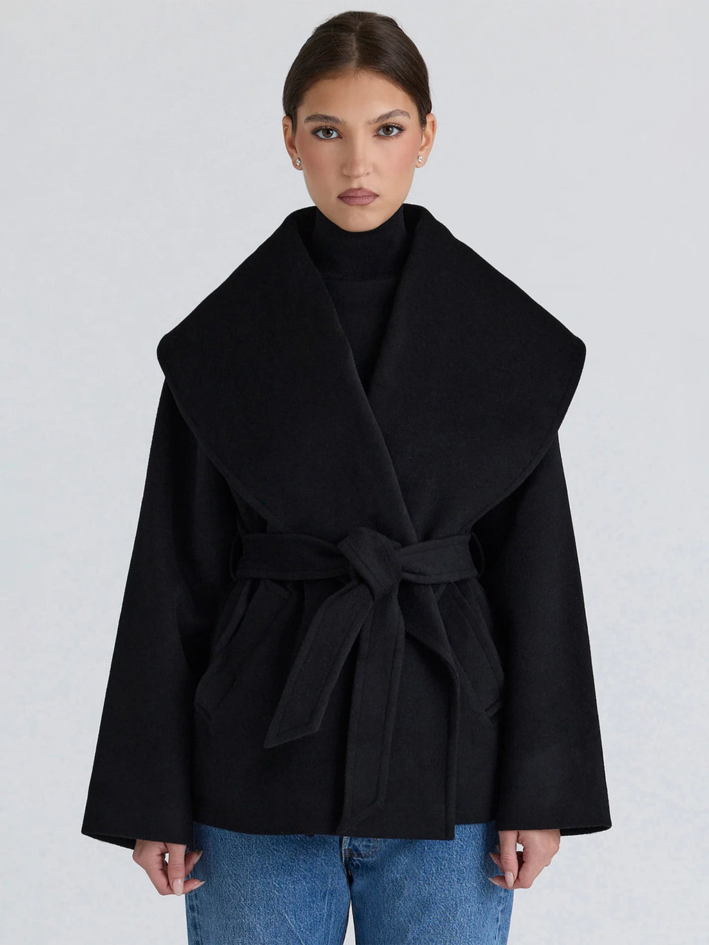 Women Belted Waist Short Wool Blend Coat Oversized Shawl Collar Tie‑Front Loose with Pockets Fall Winter Outer Jacket