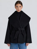 Women Belted Waist Short Wool Blend Coat Oversized Shawl Collar Tie‑Front Loose with Pockets Fall Winter Outer Jacket