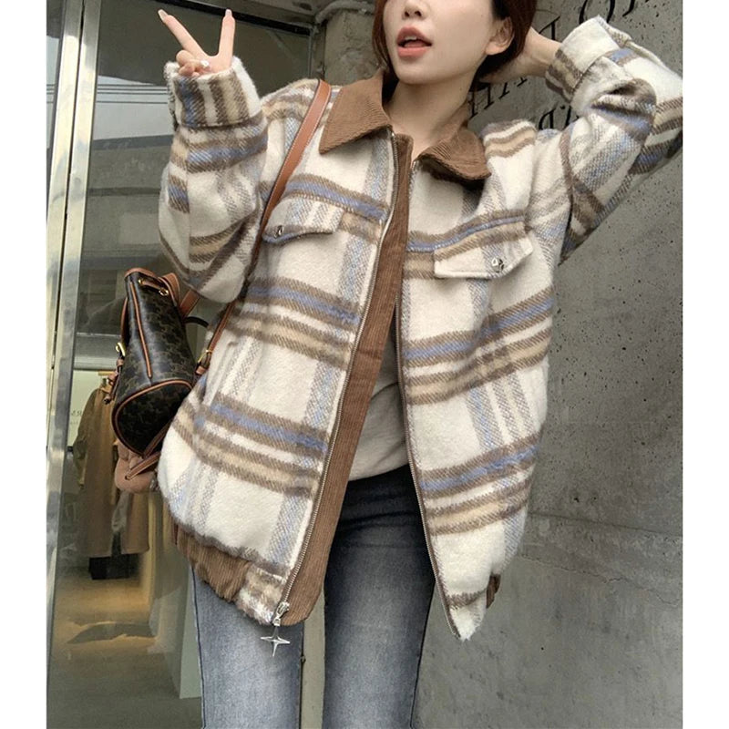 American Tweed Jackets Women Fall Winter Loose Casual Patchwork Plaid Coats Fashion Streetwear Female Autumn All Match Outwear