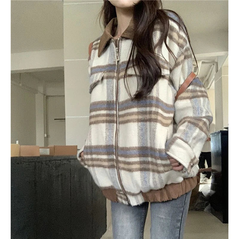 American Tweed Jackets Women Fall Winter Loose Casual Patchwork Plaid Coats Fashion Streetwear Female Autumn All Match Outwear