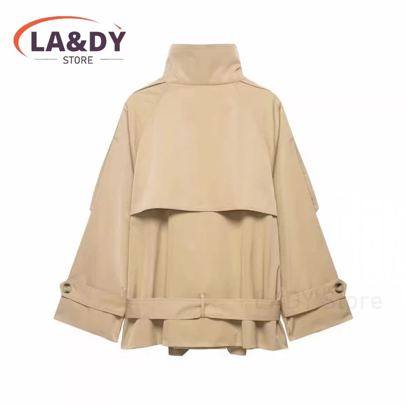 Short Trench Coats Women's Autumn New Fashion Double-Breasted Long Sleeve Solid Loose Elegance Jacket Outerwear Ladies For 2026