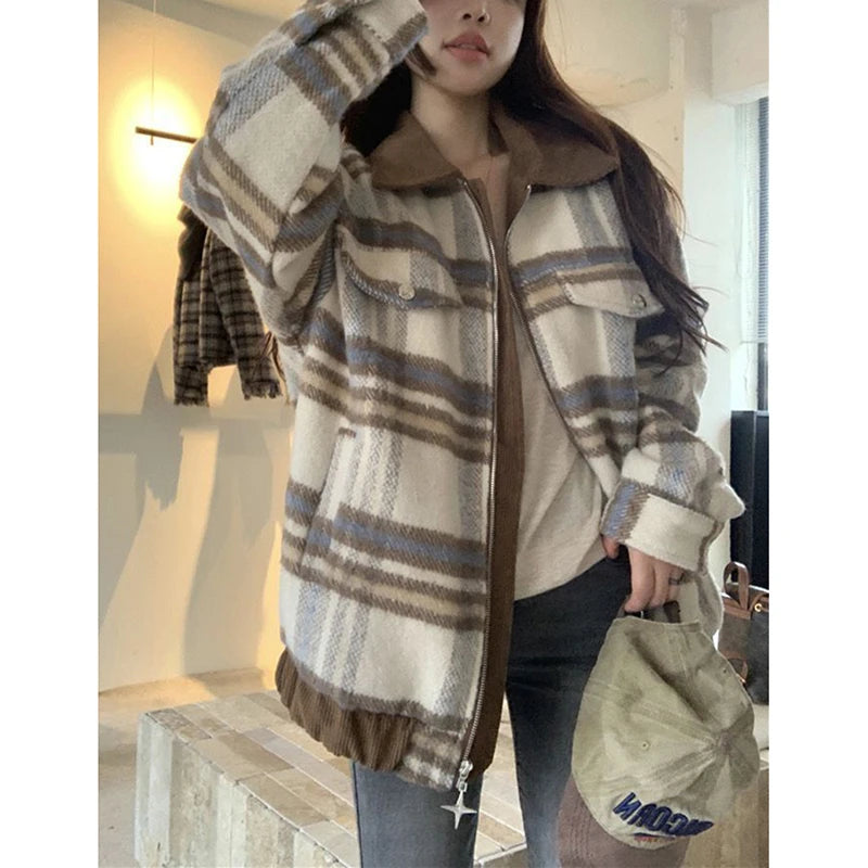 American Tweed Jackets Women Fall Winter Loose Casual Patchwork Plaid Coats Fashion Streetwear Female Autumn All Match Outwear