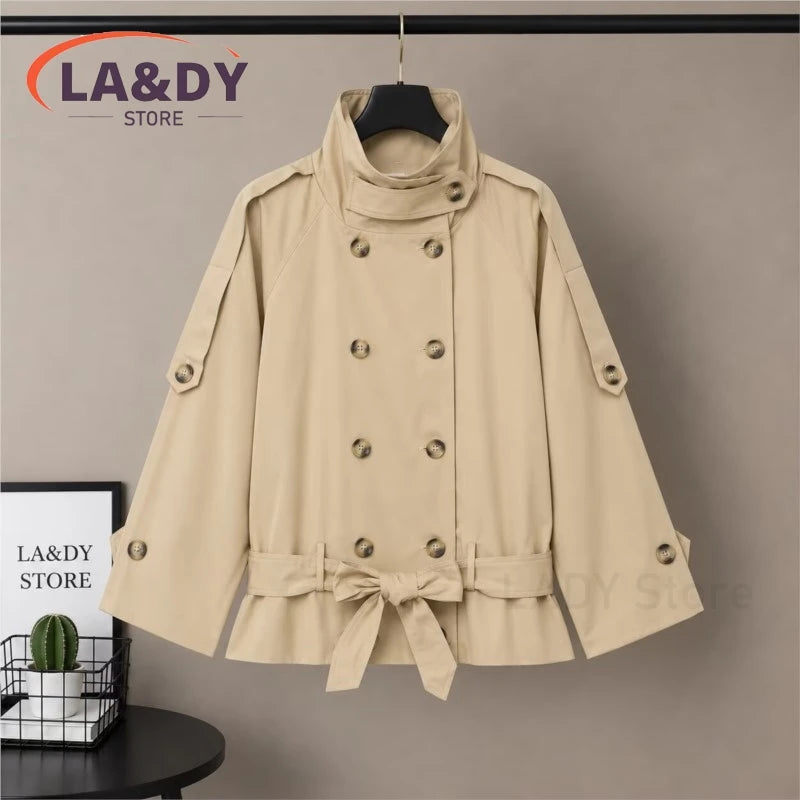 Short Trench Coats Women's Autumn New Fashion Double-Breasted Long Sleeve Solid Loose Elegance Jacket Outerwear Ladies For 2026